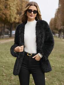 SHEIN Frenchy Open Front Fuzzy Coat - Black - View 1