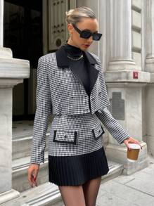 EURMUSE Ladies' Houndstooth Pattern Suit & Pleated Skirt Hem Outfit - Black and White - View 4