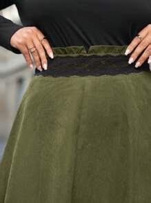 SHEIN Frenchy 大碼腰部拼接蕾絲半身裙 - 軍綠色 - 查看 5