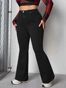 SHEIN ICON Plus Embroidery Cross Pattern Flare Leg Jeans - Black - View 4