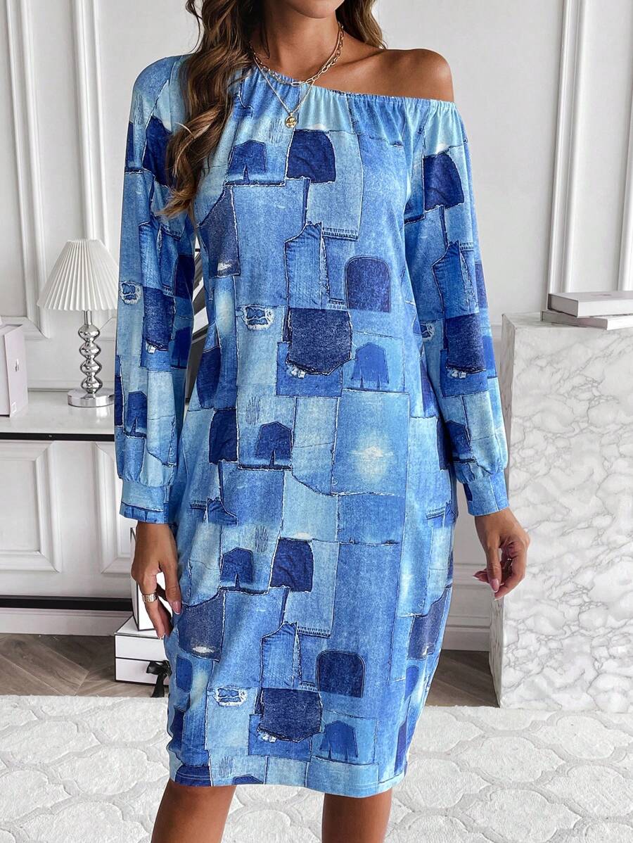 SHEIN Unity Đầm Maxi In Hình Chắp Vá Không Đối Xứng Có Túi Giấu Vai Trang Phục Nữ - Màu xanh lam - Xem 1