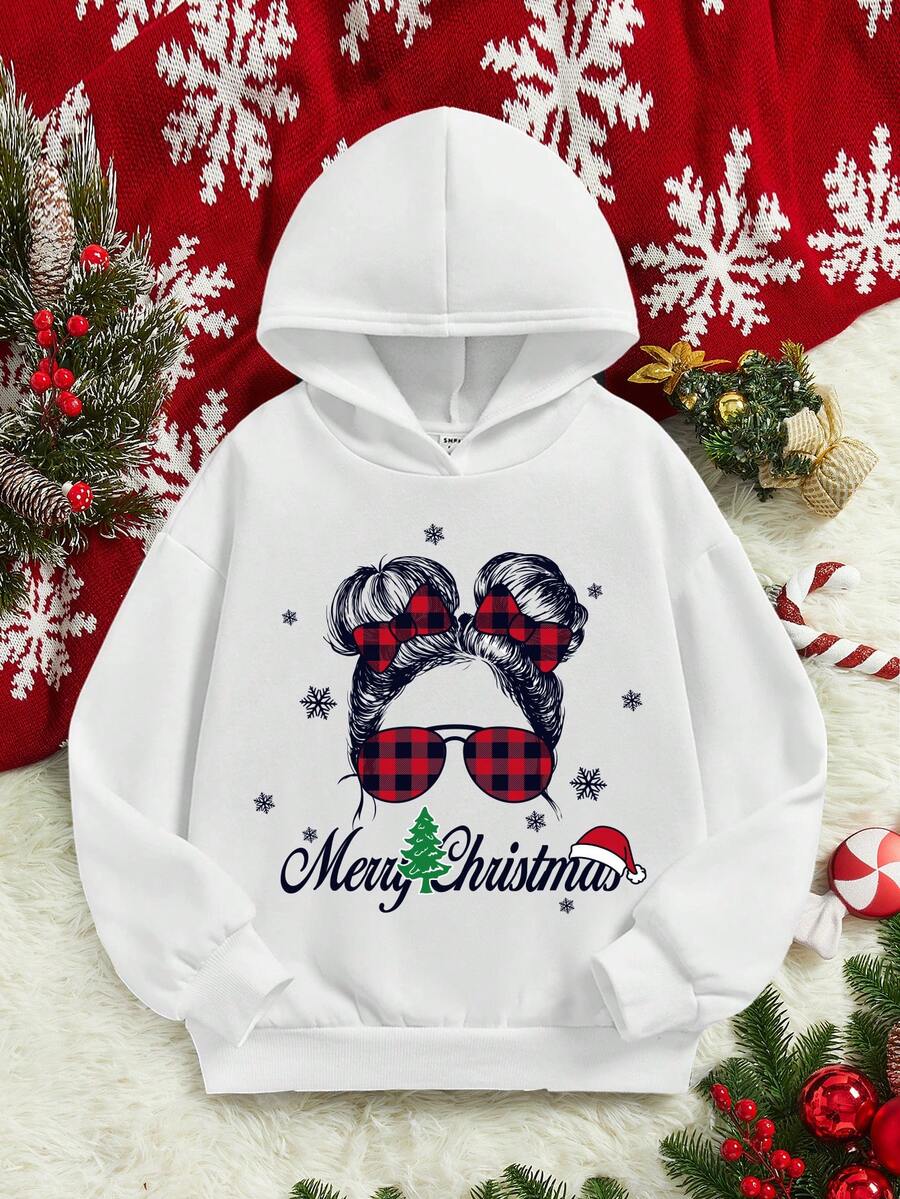 Tween Girl 1pc Christmas Print Hooded Sweatshirt - White - View 1