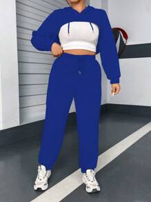 Flirla Hơn Thả vai Dây rút Áo Hoodie Super Crop & Quần nỉ Không có Áo ba lỗ - Xanh đậm - Xem 4