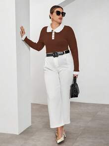 SHEIN Essnce Hơn Cổ áo tương phản Nút phía trước Áo thun - Màu nâu Sô-cô-la - Xem 5