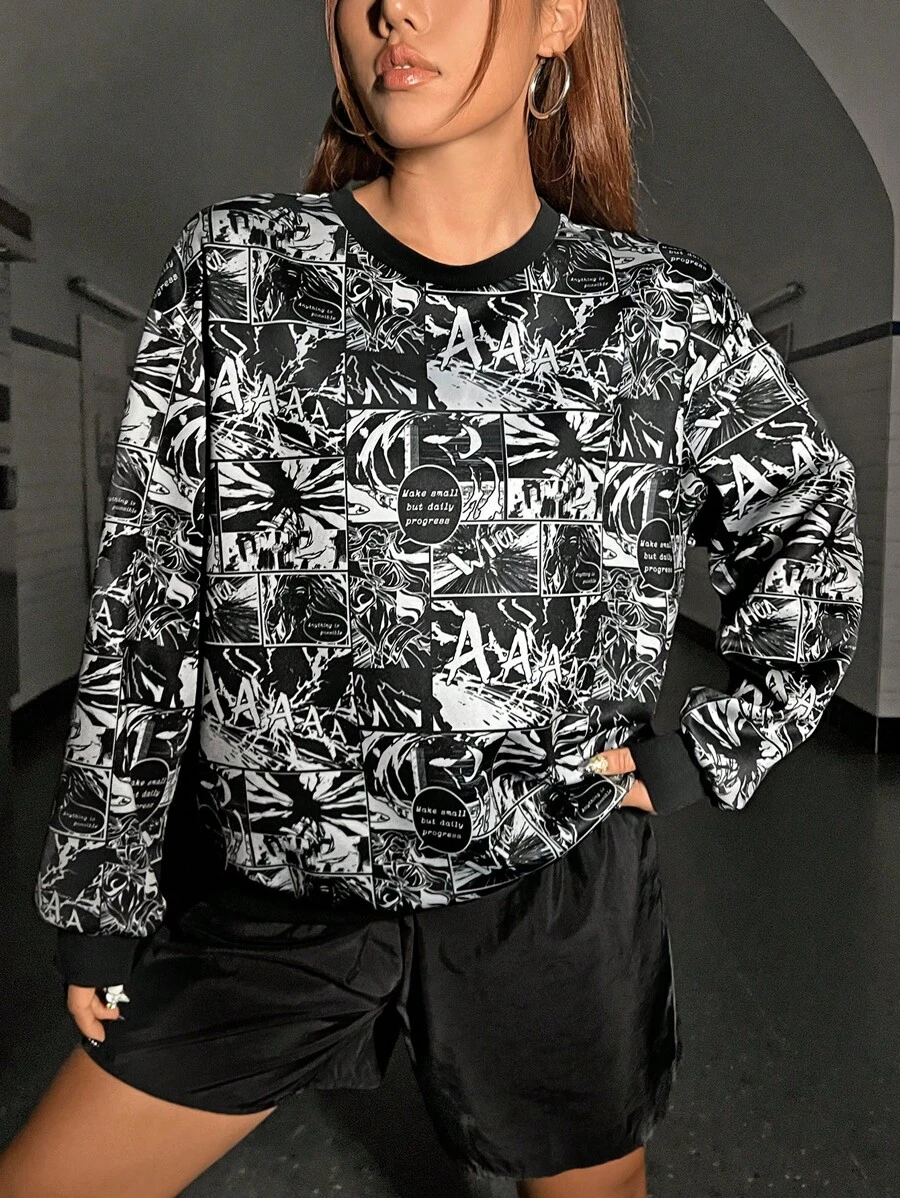 SHEIN EZwear Sudadera Con Estampado De Hombro Caído Completo - Negro - Ver 1