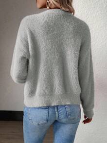 SHEIN Essnce 素色前紐扣毛茸茸開襟衫 - 灰色 - 查看 2