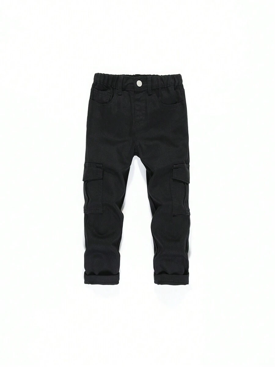 Young Boy Elastic Waist Cargo Jeans - Black - View 1