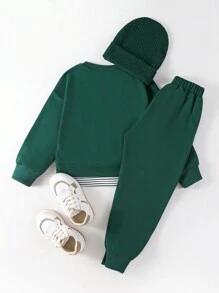 Genkimix Kids Young Girl Floral Print Drop Shoulder Pullover & Sweatpants & Hat - Green - View 2