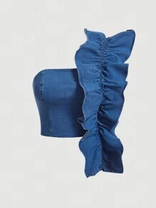 SHEIN MOD Plus One Shoulder Ruffle Trim Denim Top - Light Wash - View 1