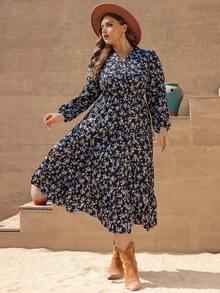 SHEIN VCAY Hơn In hoa Ditsy Tay áo lồng đèn Xù Hoa Sen Đầm - màu đen - Xem 5