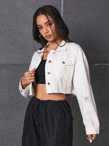 SHEIN Frenchy Áo khoác denim một hàng khuy rách dành cho nữ - trắng - Xem 3