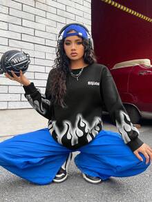 SHEIN Coolane 火和字母圖案落肩袖運動衫 - 黑色 - 查看 6