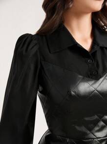 Mulvari Contrast Panel Puff Sleeve Leather Look Quilted Dress - Black - View 6