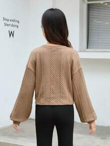 SHEIN Tween Girl Loose College Front Cross Design Round Neck Pullover Long Sleeve Solid Color Sweatshirt - Khaki - View 2