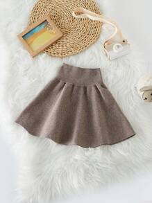 SHEIN 女小童寬腰帶傘狀針織短裙 - 卡其色 - 查看 2