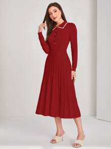 Modelyn 撞色滾邊百褶下擺毛衣洋裝 - 紅色 - 查看 5