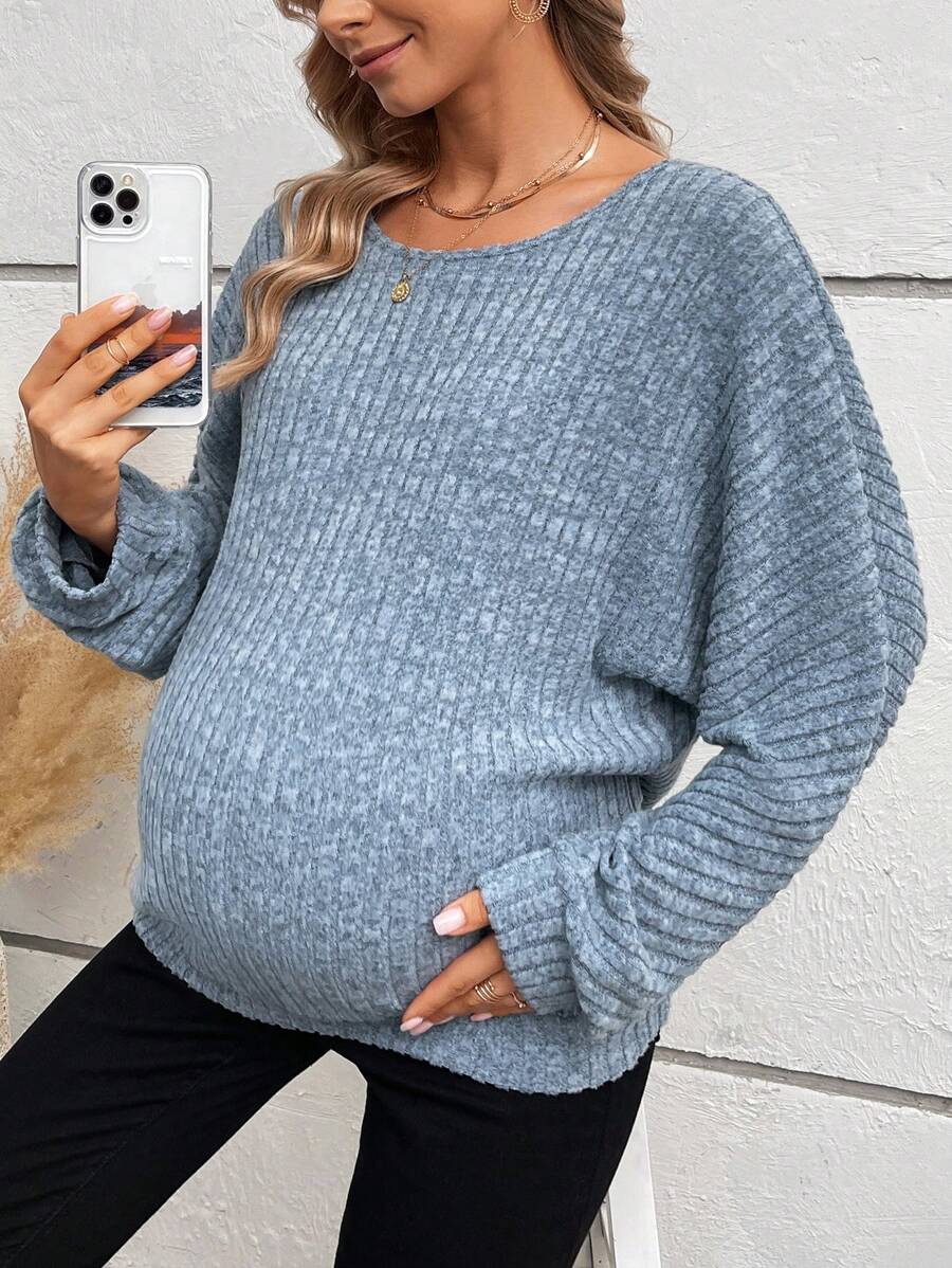 SHEIN Áo nỉ tay cánh dơi cho bà bầu, dành cho mùa đông - Màu xanh bụi bặm - Xem 1