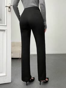 RueChic Asymmetrical Waist Side Split Straight Leg Pants - Black - View 2