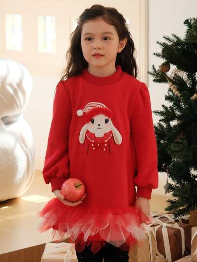 Girls Cartoon Graphic Contrast Mesh Ruffle Hem Sweatshirt Dress