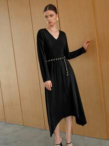 Solid V Neck Belted Dress Fall Cloth For Women - Black - View 7