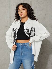 SHEIN Teenage Girls' Woven Solid Color Portrait Pattern Turn-down Collar Shirt - White - View 4