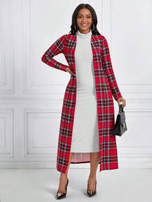 SHEIN Lady Plaid Open Front Coat & Turtleneck Dress - White - View 3
