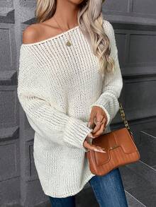 SHEIN Essnce Cổ thuyền Thả vai Áo len - trắng - Xem 4