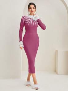 Modelyn Contrast Lace Flare Sleeve Mock Neck Bodycon Sweater Dress - Rose Red - View 5