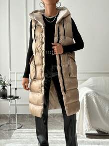 RueChic Solid Color Sleeveless Hooded Padded Coat - Beige - View 1