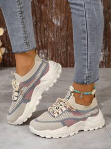 Fall/Winter Women's Casual Sneakers, Pink Lightweight Comfortable Low Top Fashion Platform Trainers, Breathable Sports Shoes For Walking Running Hiking, Non-Slip Lace Up Letters Flats - Pink - View 3