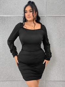 SHEIN Unity 大碼十字交叉後背繫帶褶邊緊身洋裝 - 黑色 - 查看 2