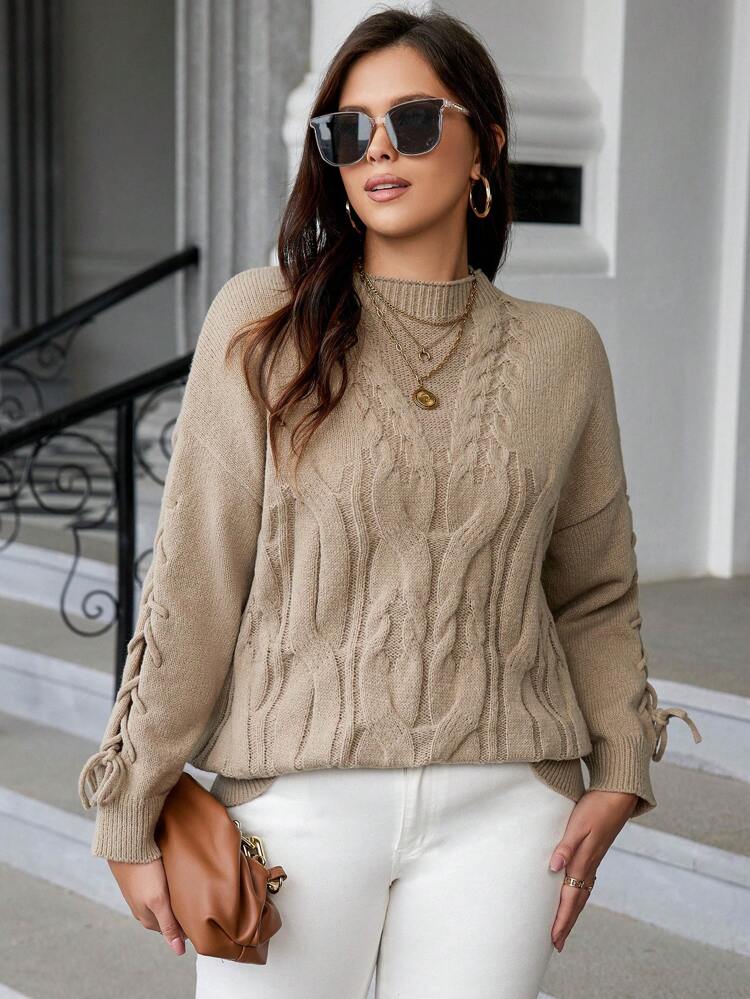 Plus Lace Up Sleeve Cable Knit Sweater Knit Pullover Fall Winter Sweater