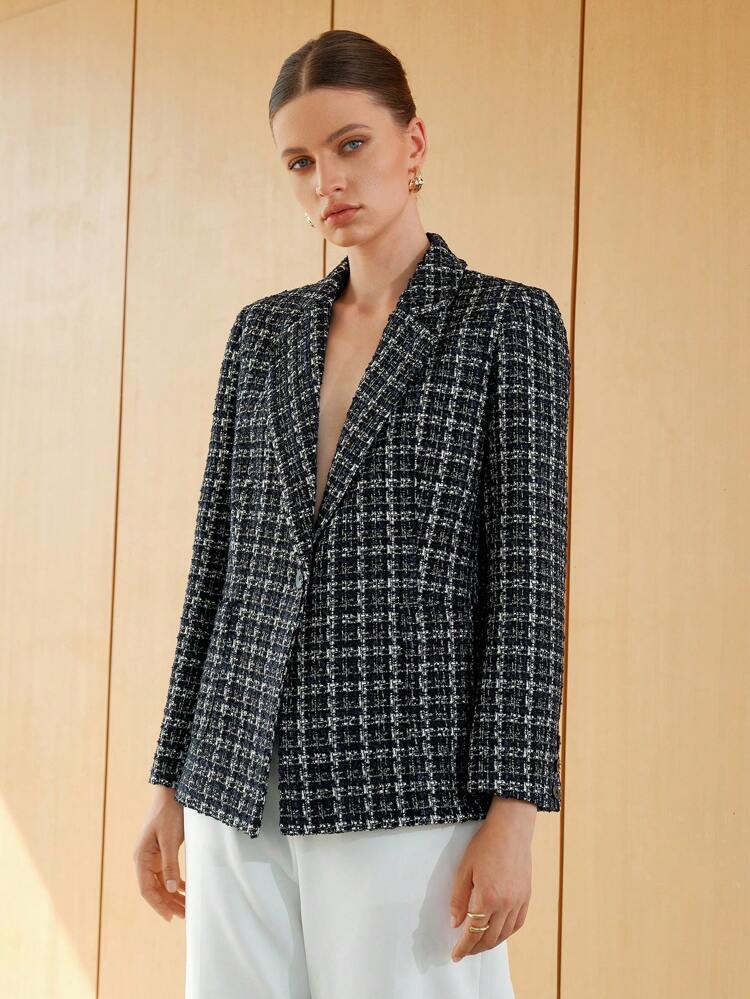 Plaid Pattern Lapel Neck Single Button Tweed Blazer