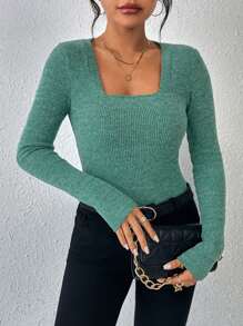 SHEIN Essnce Square Neck Ribbed Knit Tee - Green - View 3