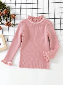 SHEIN 女小童木耳邊領荷葉袖套頭毛衣 - 粉色 - 查看 1