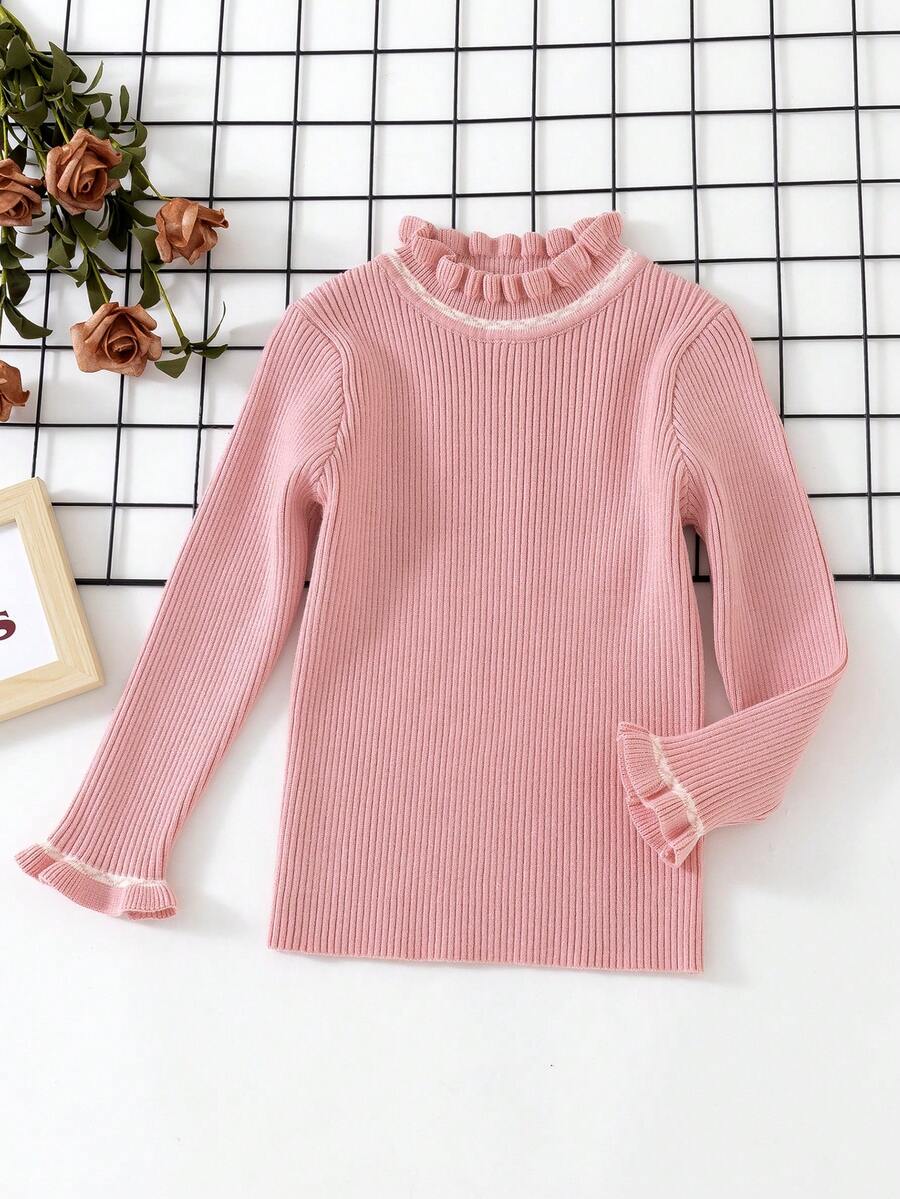 SHEIN 女小童木耳邊領荷葉袖套頭毛衣 - 粉色 - 查看 1