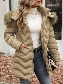 SHEIN Unity 毛绒装饰连帽拉链加厚棉服外套冬季 - 卡其色 - 查看 3