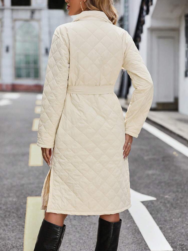 Solid Lapel Neck Split Hem Belted Quilted Padded Coat Clothes Winter Fall Cloth For Women