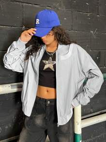 SHEIN EZwear Reflective Contrast Trim Zip Up Bomber Jacket - Light Grey - View 3