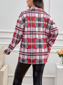 SHEIN Essnce 大碼格紋印花翻蓋口袋落肩袖襯衫 - 紅色 - 查看 2