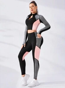 Easithlete Colorblock Half Zip Sports Tee & Tee & Leggings Workout Set Outfit Set Workout Women Set Women Leggings Set - Multicolor - View 1