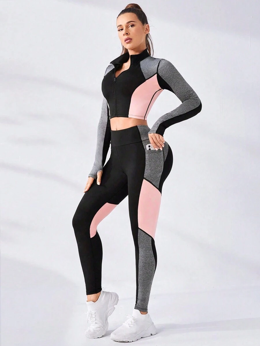 Easithlete Colorblock Half Zip Sports Tee & Tee & Leggings Workout Set Outfit Set Workout Women Set Women Leggings Set - Multicolor - View 1