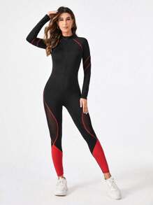 Easithlete Contrast Mesh Insert Top-stitching Zipper Front Sports Jumpsuit - Multicolor - View 5