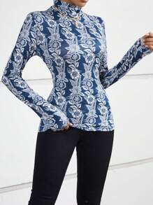 SHEIN Frenchy In hoa Cổ cao Áo thun - Màu xanh lam - Xem 3