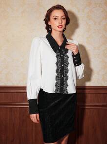 Vintamour 女士們拼貼蕾絲襯衫 - 白色 - 查看 8