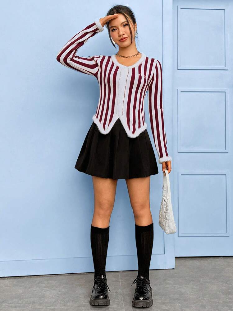 Striped Pattern Fuzzy Trim Button Front Cardigan