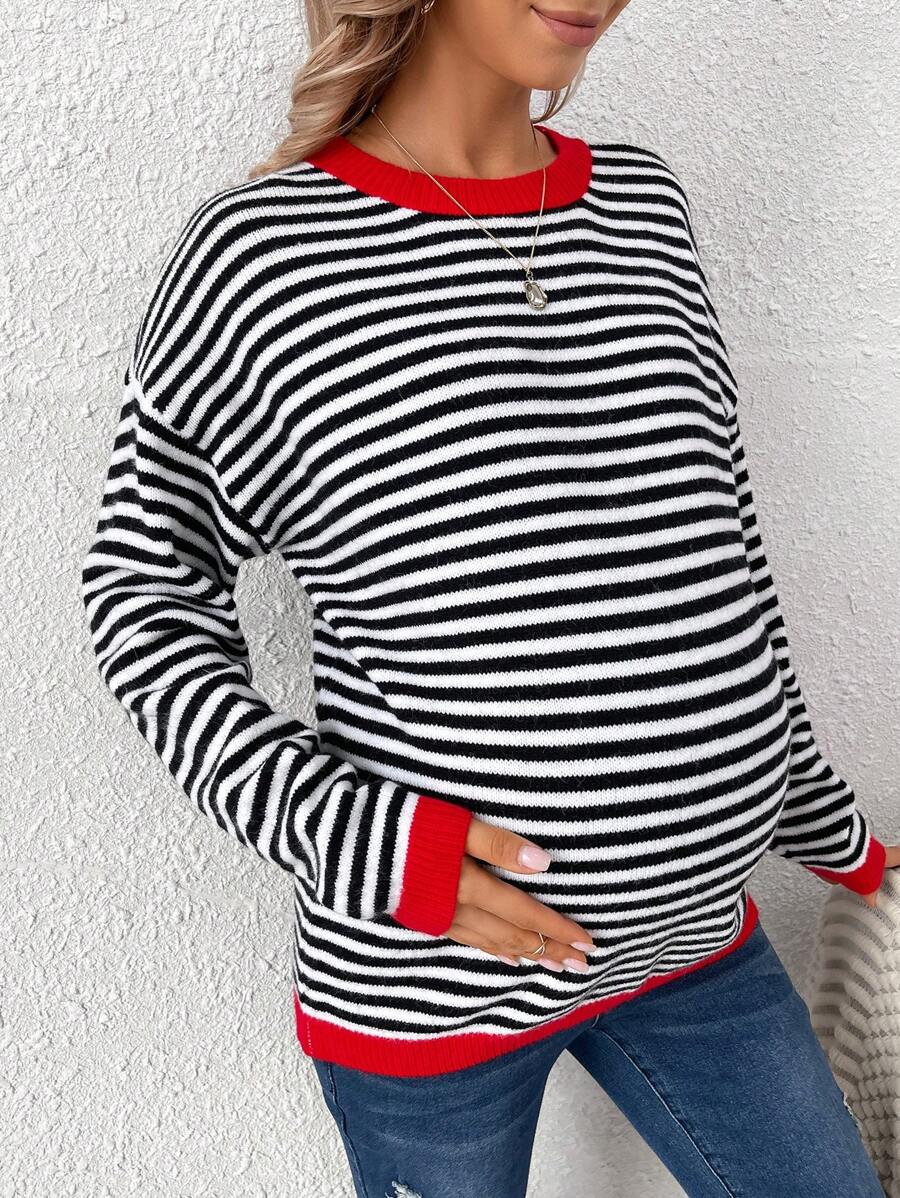 SHEIN Maternity Striped Drop Shoulder Contrast Sweater - Multicolor - View 1