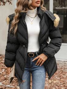 SHEIN LUNE 抽绳腰部毛绒装饰连帽加厚棉服外套冬季 - 黑色 - 查看 3