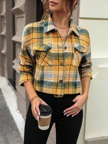 SHEIN LUNE Plaid Print Drop Shoulder Flap Pocket Jacket Fall Cloth For Women - Multicolor - View 3