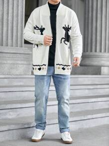 Manfinity VCAY Suéter tipo cardigan de manga larga y holgado con estampado de ciervos para hombre, para otoño e invierno